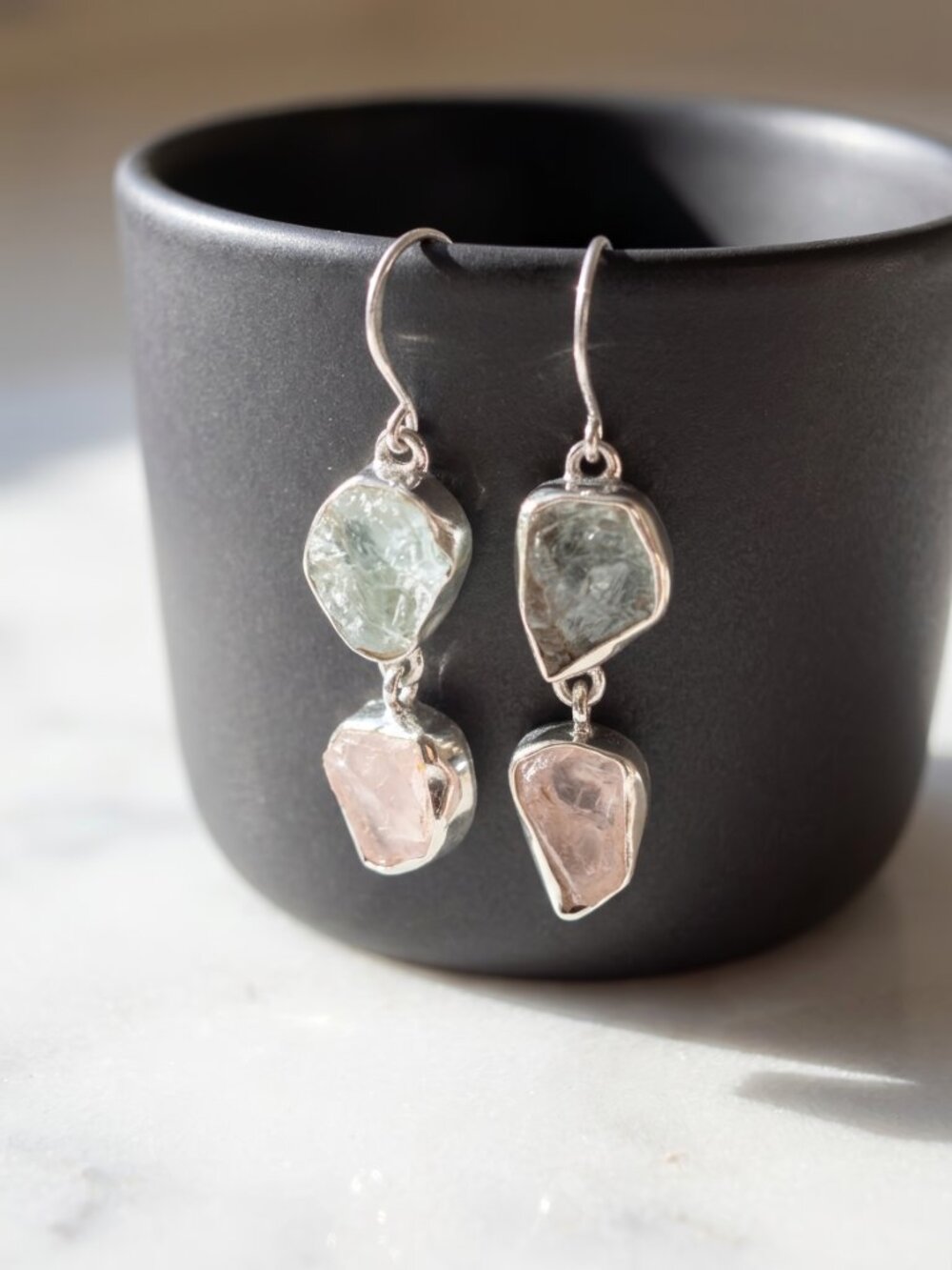 Raw Aquamarine and Rose Quartz Drop Earrings, Sterling Silver